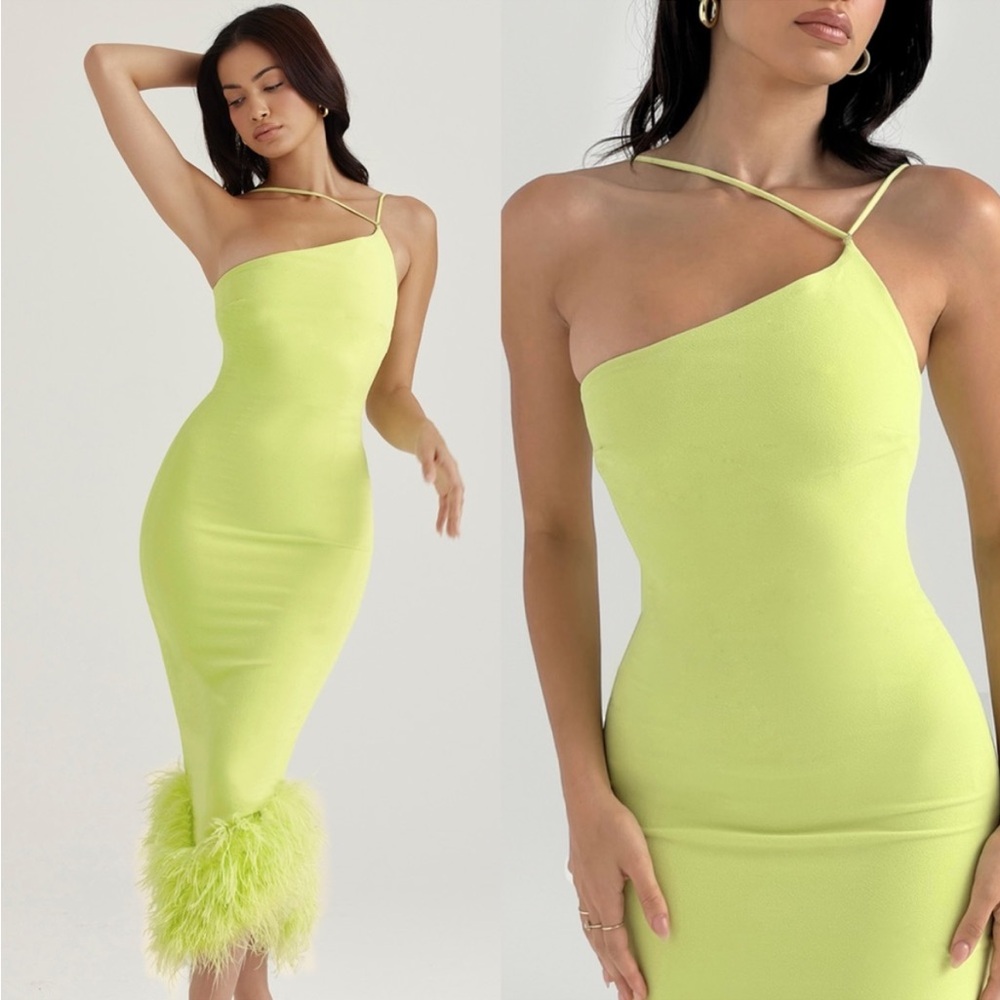 House of CB Alyssa satin midi dress with feather trim size xs